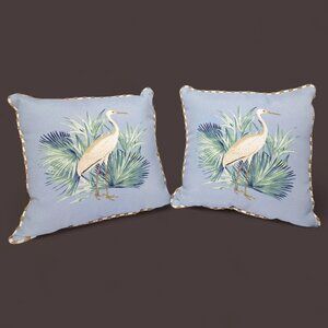 2x allen + roth Outdoor Pillows White Heron Egret Blue Jute Trim 16.5" Set
